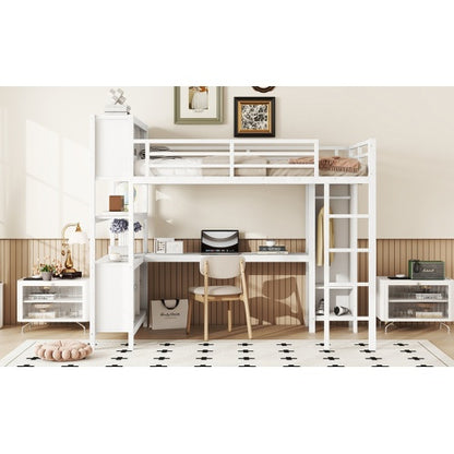 Metal Loft Bed With Wardrobe And L-shaped Desk, Full Size Loft Bed With Storage Cubes And Shelves, Heavy Duty Loft Bed For Kids Teens Adults