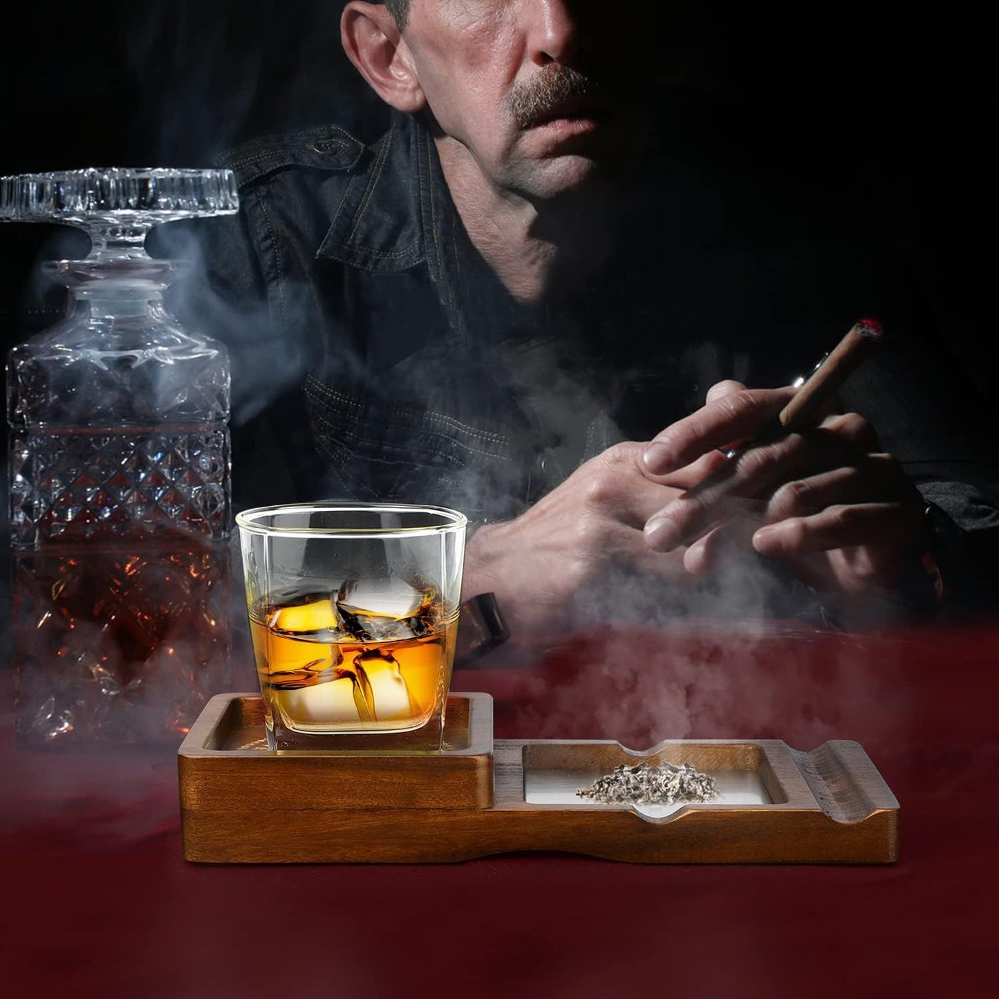 Solid Wood Cigar Ashtray With Drawer And Whiskeycigar Tray
