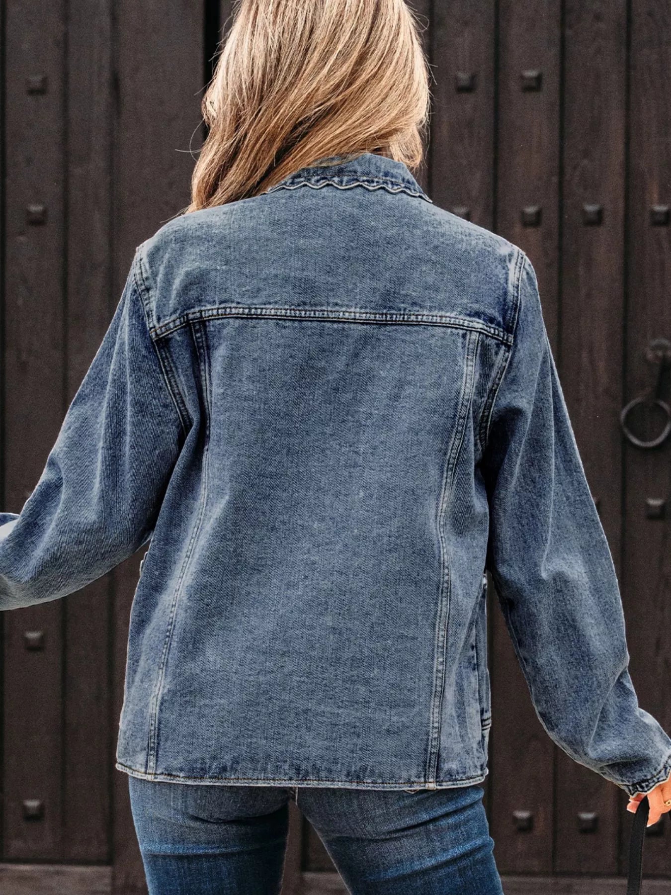 Scallop Trim Collar Patched Pocket Button Up Denim Jacket