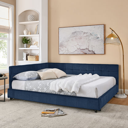 Queen Size Upholstered Tufted Bed Frame, Sofa Bed Frame With Comfortable Backrest And Armrests, Queen Size Bed For Bedroom, Living Room,Velvet, DARK BLUE 85.5x64.5x30.5