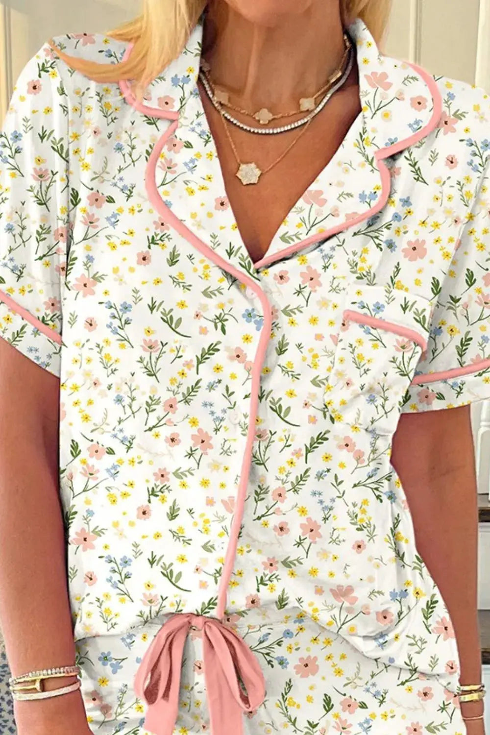 Printed Button Up Short Sleeve Top and Shorts Lounge Set