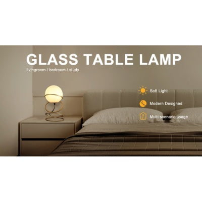 13.5 H Glass Globe Matte Gold Spiral 4 Ring Metal Stand Table Lamp For Living Room, Nightstand Bedside Table Lamp For Bedroom, LED Lamp