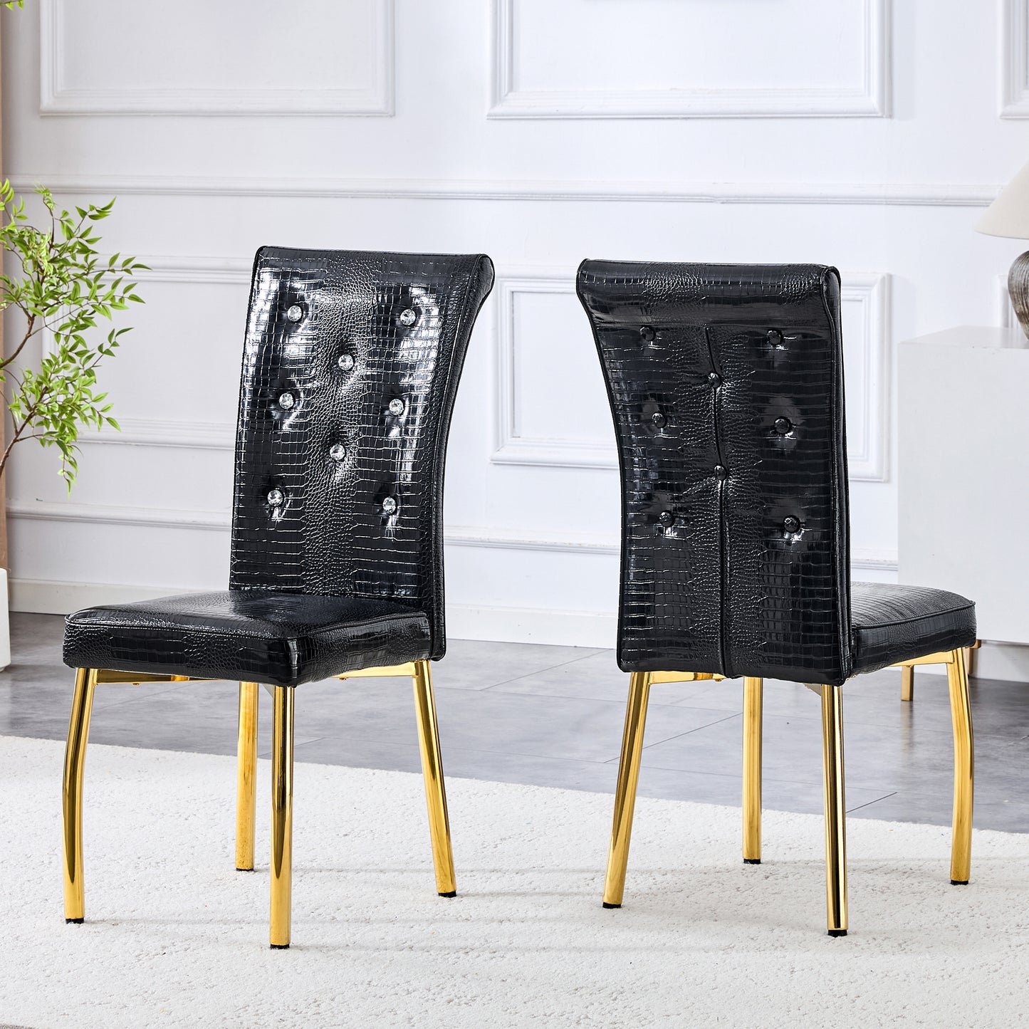 Set Of 2,Retro Alligator Skin Upholstered Dining Chairs,with Crystal Buckle Design And Faux Leather Design,a Touch Of Elegance And Mystery To The Dining Area.Gold Plated Metal Feet