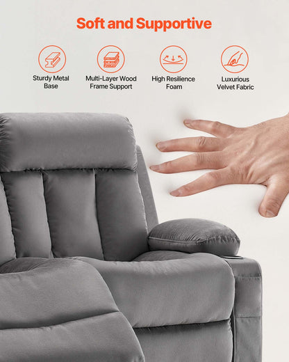 Loveseat Recliner Sofa, Power Reclining Couch With Heating And Massage, Soft Velvet Electric Recliner Sofa With USB Ports, Cup Holders AndSideBags, Dual Loveseat Chair For Living Room, Grey