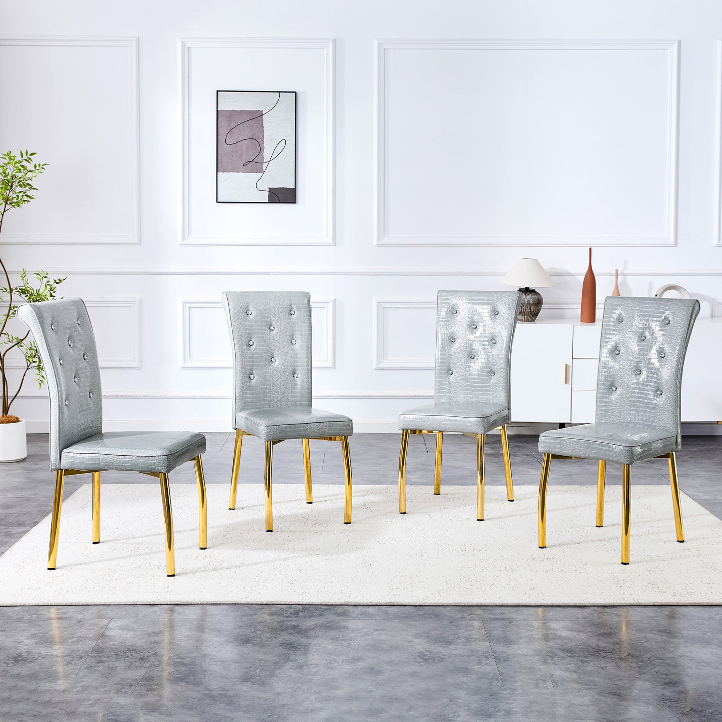 A Set Of 2 Gray And Gold Vintage Crocodile Leather Cushioned Dining Chairs, Featuring Crystal Clasp Design And Artificial Leather Design, Adding A Touch Of Elegance And Mystery To The Dining Area