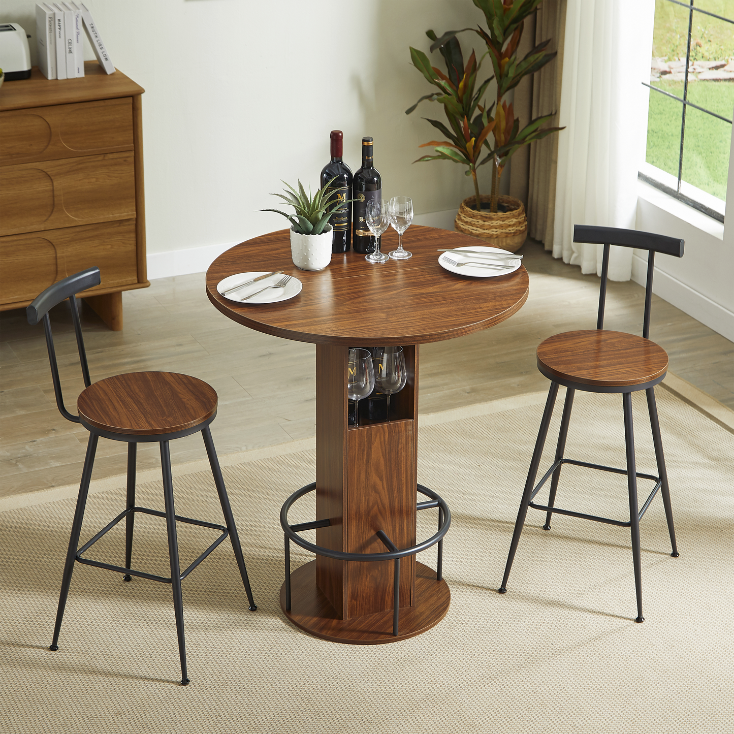 3-Piece Bar Table And Stool Set 31.5-inch Round Bar Table With Two Stools Compact Wooden Dining Bar With Metal Ring Footrest Ideal For Restaurants, Cafes, Bars, Living Rooms, And Small Spaces,Walnut