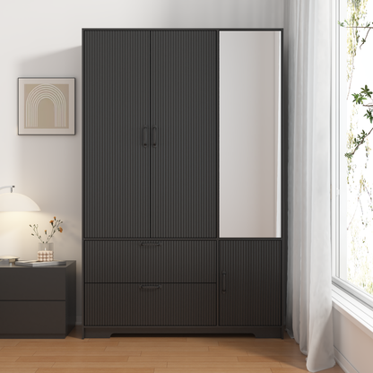 4 Doors Wardrobe Closet With Mirror, LED Wardrobe With Doors And 2 Drawers, Wooden Wardrobe Storage Cabinet With Hanging Rod, Adjustable Shelves, Black