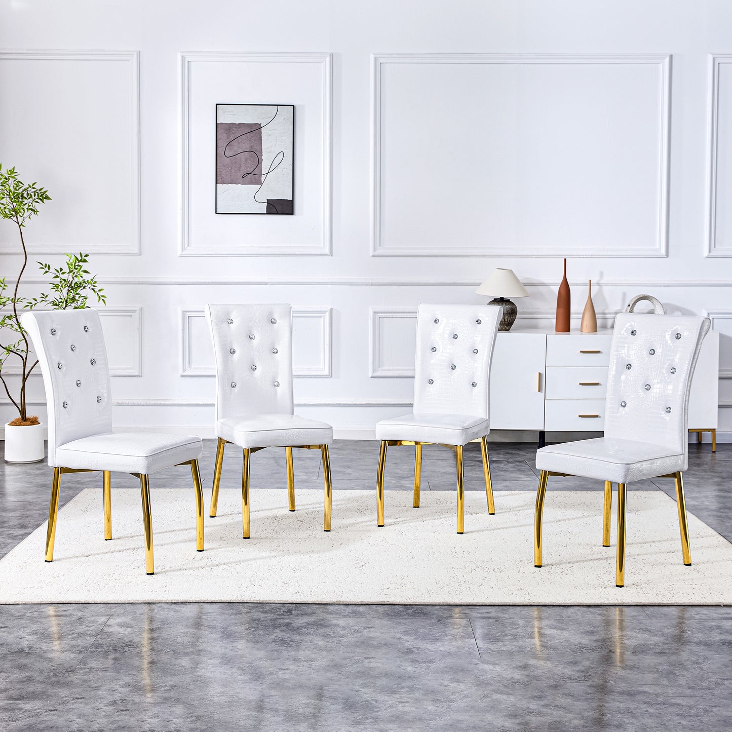 Set Of 4,Retro Alligator Skin Upholstered Dining Chairs,with Crystal Buckle Design And Faux Leather Design,a Touch Of Elegance And Mystery To The Dining Area.Gold Plated Metal Feet