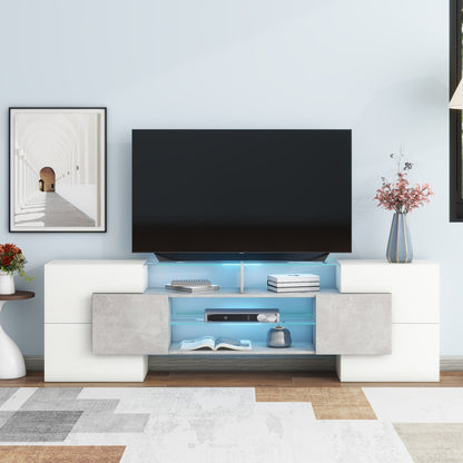 ON-TREND Unique Shape TV Stand With 2 Illuminated Glass Shelves, High Gloss Entertainment Center For TVs Up To 88, Versatile TV Cabinet With LED Color Changing Lights For Living Room, Grey