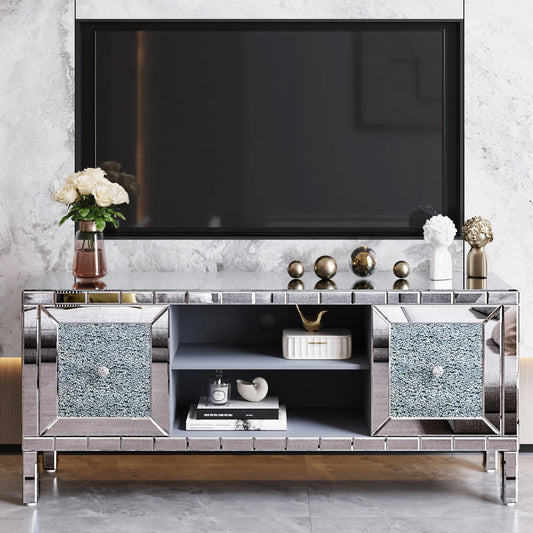 60 Mirrored TV Stand With Crushed Diamond Glass Doors - Modern Media Entertainment Center For Living Room, Adjustable Storage TV Console Table For 65-Inch TV