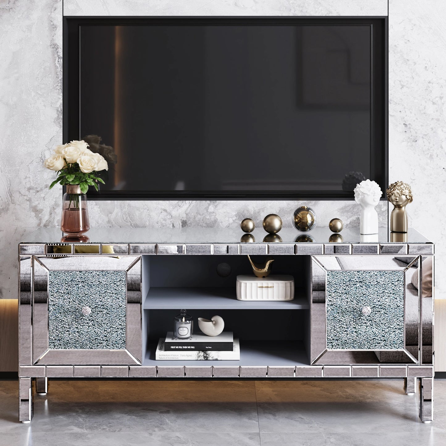 60 Mirrored TV Stand With Crushed Diamond Glass Doors - Modern Media Entertainment Center For Living Room, Adjustable Storage TV Console Table For 65-Inch TV