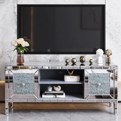 60 Mirrored TV Stand With Crushed Diamond Glass Doors - Modern Media Entertainment Center For Living Room, Adjustable Storage TV Console Table For 65-Inch TV