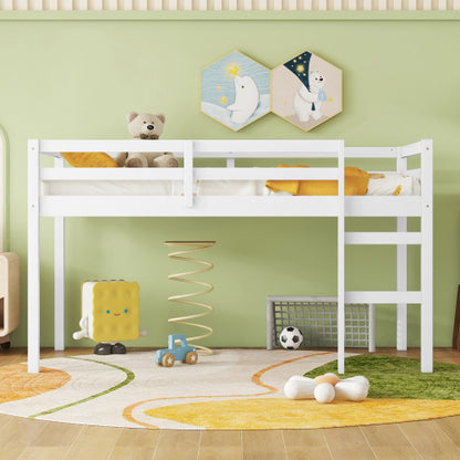 Solid Wooden, Rubber Wooden Twin Loft Bed With Ladder, Bed Platform Of Strengthened Slats , White