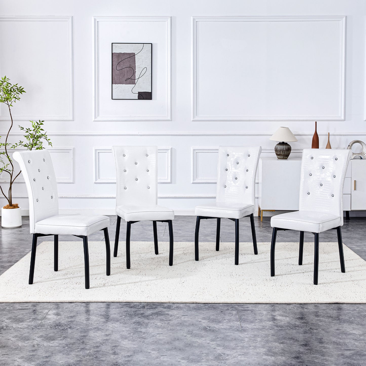 A Set Of 2 White And Black Vintage Crocodile Leather Cushioned Dining Chairs, Featuring Crystal Clasp Design And Artificial Leather Design, Adding A Touch Of Elegance And Mystery To The Dining Area
