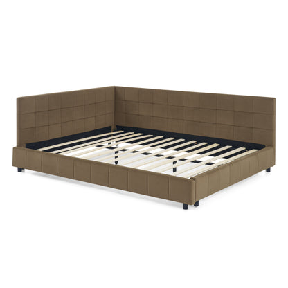 Queen Size Upholstered Tufted Bed Frame, Sofa Bed Frame With Comfortable Backrest And Armrests, Queen Size Bed For Bedroom, Living Room,Velvet, Brown 85.5x64.5x30.5