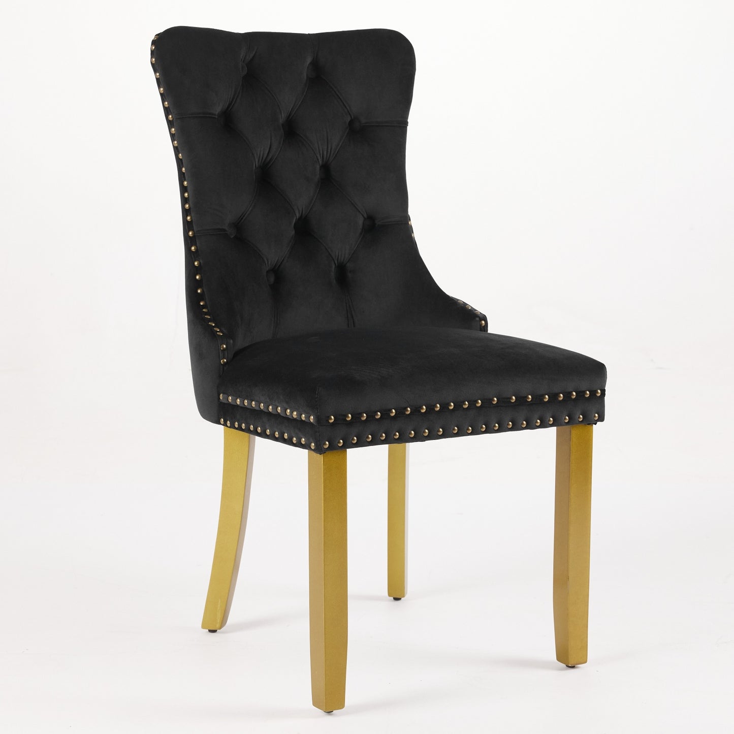 Mid-Century Modern Chairs With Lion Head Pull Ring,High-end Tufted Solid Wood Contemporary Velvet Upholstered Dining Chair With Golden Wooden Legs Nailhead Trim 2-Pcs Set,Black,SW1201BK