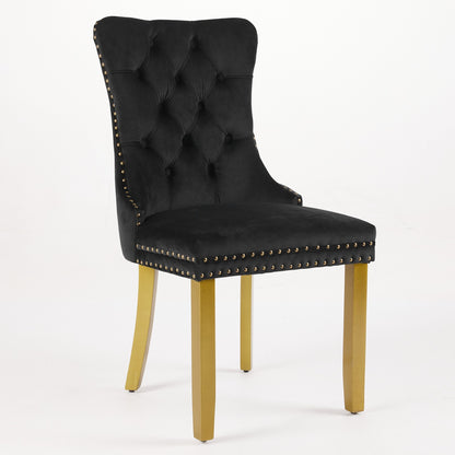 Mid-Century Modern Chairs With Lion Head Pull Ring,High-end Tufted Solid Wood Contemporary Velvet Upholstered Dining Chair With Golden Wooden Legs Nailhead Trim 2-Pcs Set,Black,SW1201BK