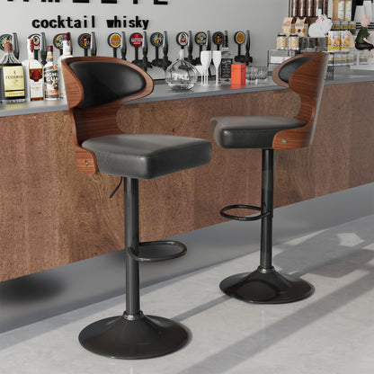 Bar Stools Set Of 2, Bentwood Swivel Barstools Seat Adjustable Height 24.5-33.5IN With Back & Footrest - PU Leather Upholstered Bar Chair For Dining Room