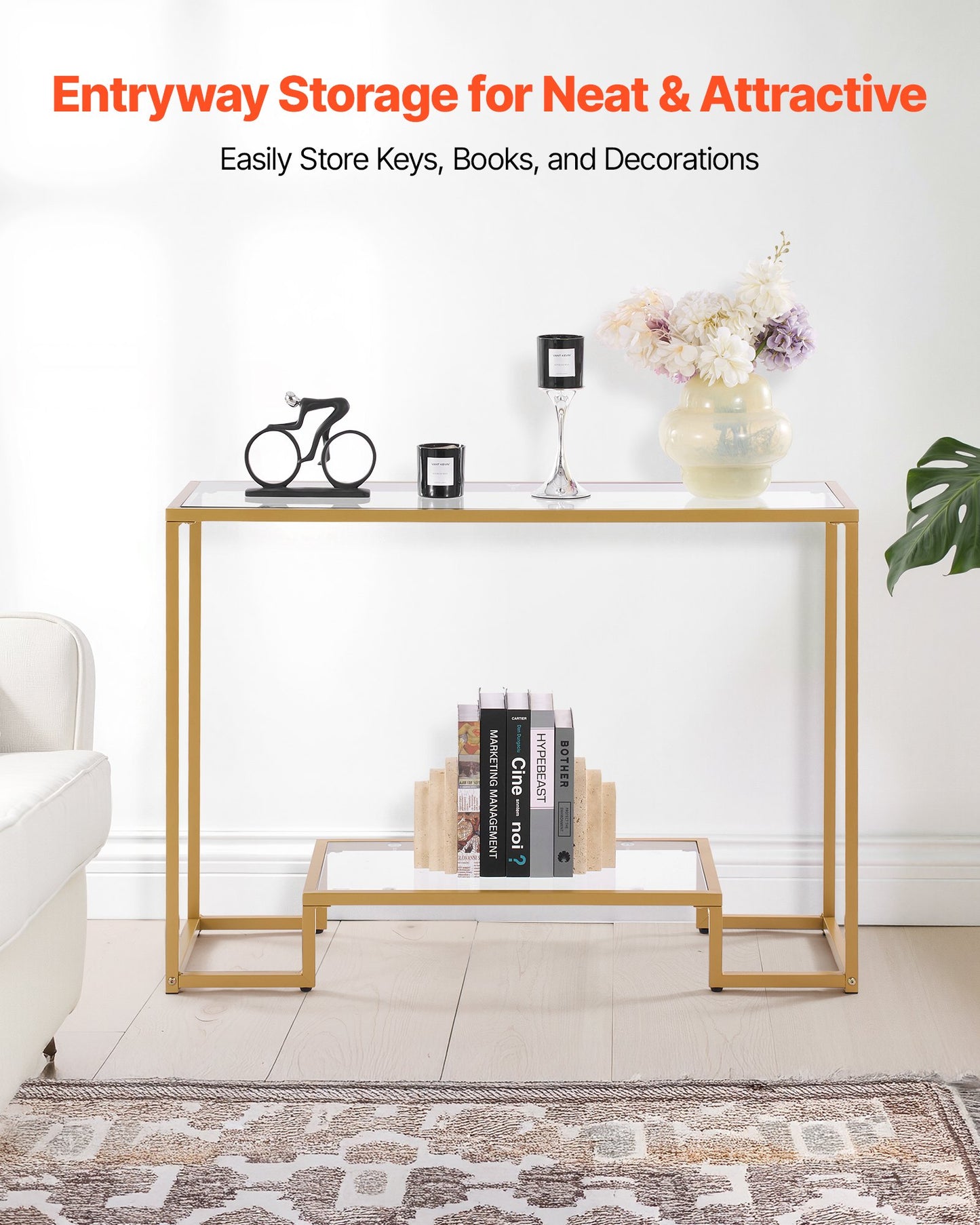 2-Tier Glass Console Table, Modern Rectangle Sofa Side Table With Tempered Glass Top And Iron Legs, Golden Consloe Desk With Anti-Tip Device For Living Room, Hallway, Entryway, Foyer, Golden