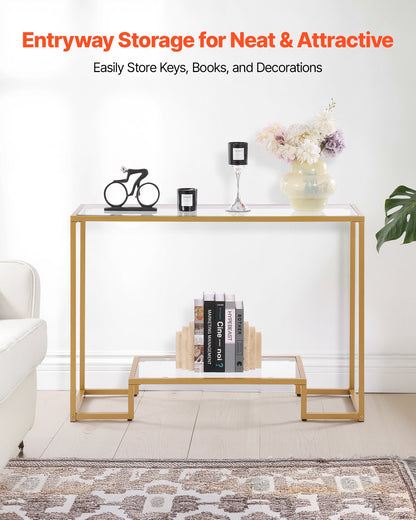 2-Tier Glass Console Table, Modern Rectangle Sofa Side Table With Tempered Glass Top And Iron Legs, Golden Consloe Desk With Anti-Tip Device For Living Room, Hallway, Entryway, Foyer, Golden