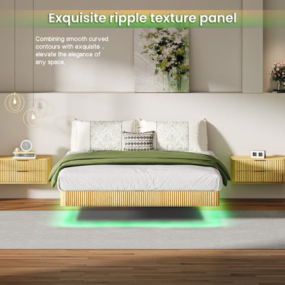 Oak Queen Floating Bed Frame With LED Lights, Wave Curve Wood Texture Bed With Heavy Duty Metal Slats - No Box Spring Needed.