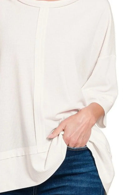 Zenana Ribbed Boat Neck 3/4 Sleeve Top