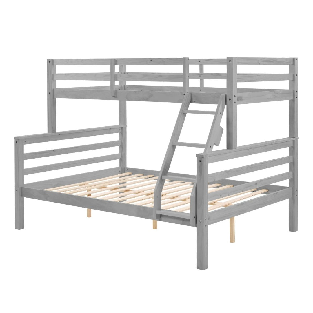 Twin Over Full Bunk Bed With Thick Posts,Wooden Bunk Bed With High Guardrail And Ladder For Kids, Teens, Dorm Rooms, And Guest Rooms,No Box Spring Needed,Grey