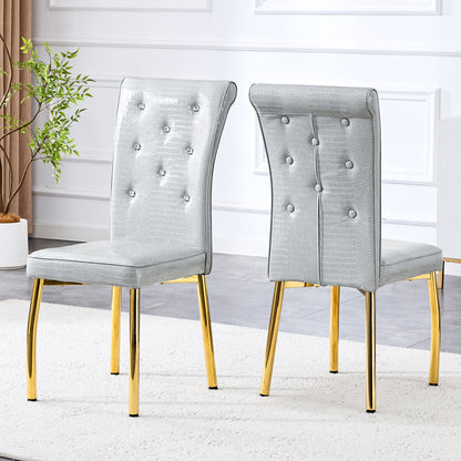 A Set Of 2 Gray And Gold Vintage Crocodile Leather Cushioned Dining Chairs, Featuring Crystal Clasp Design And Artificial Leather Design, Adding A Touch Of Elegance And Mystery To The Dining Area