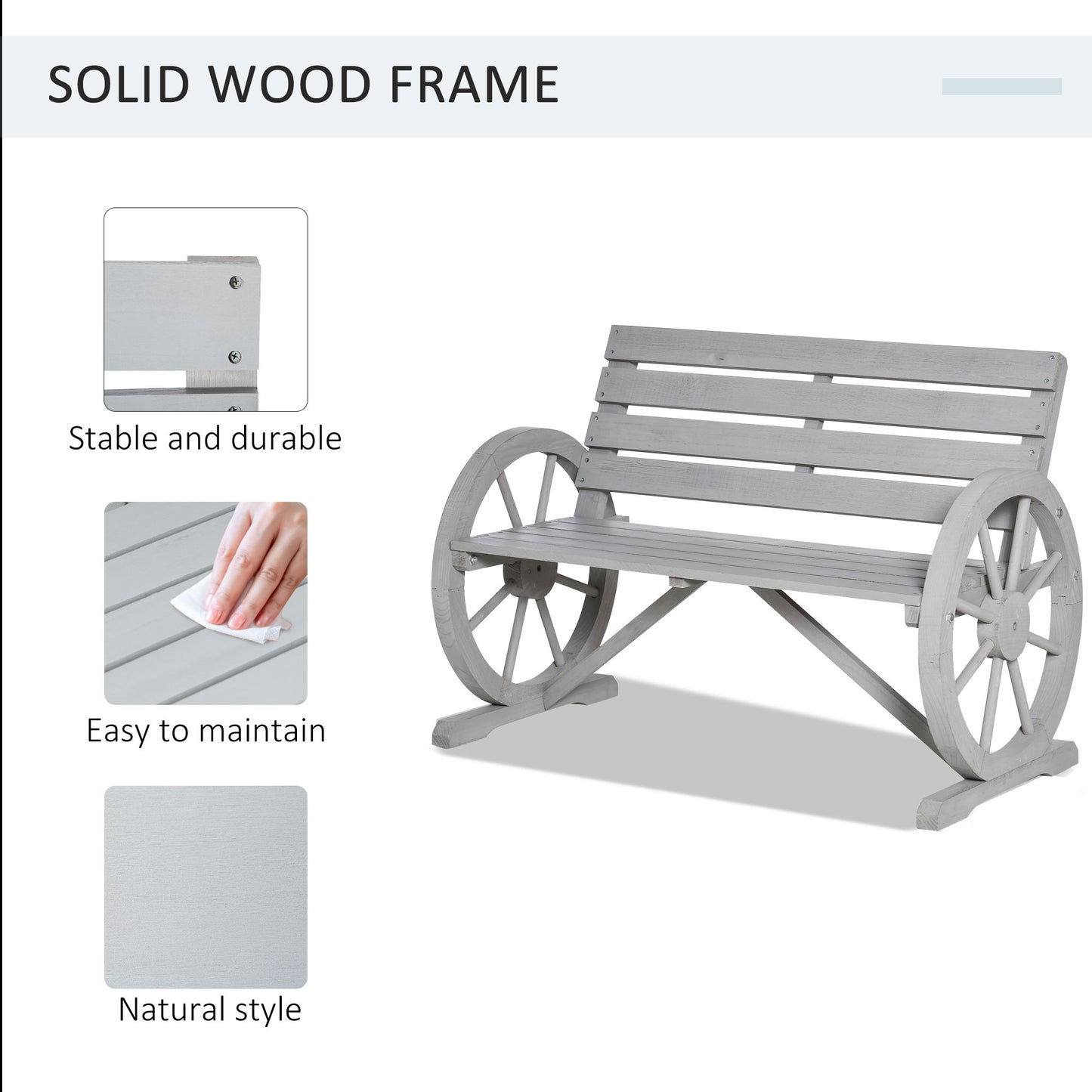 41" Wooden Wagon Wheel Bench, Rustic Outdoor Patio Weather Resistance Furniture, 2-Person Slatted Seat Bench with Backrest, Light Gray