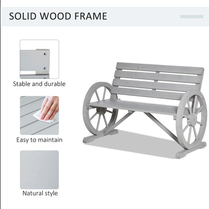 41" Wooden Wagon Wheel Bench, Rustic Outdoor Patio Weather Resistance Furniture, 2-Person Slatted Seat Bench with Backrest, Light Gray