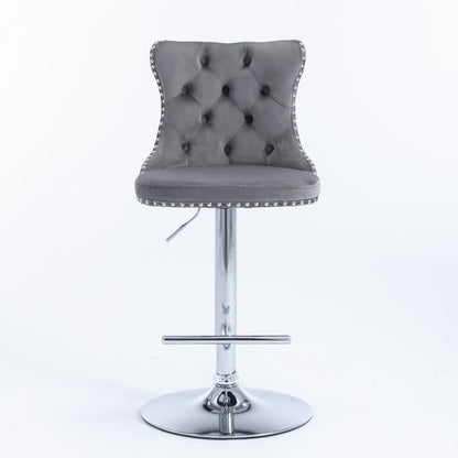 Swivel Velvet Barstools Adjusatble Seat Height From 25-33 Inch, Chrome Base Bar Stools With Backs Comfortable Tufted For Home Pub And Kitchen Island,Set Of 2,  AS1712GY, Gray
