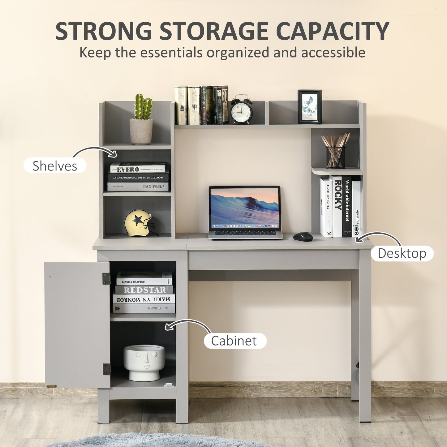 Computer Desk W/ Hutch, Home Office Desk W/ Storage Cabinet, Light Grey