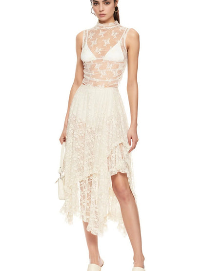 Asymmetrical Lace Midi Skirt