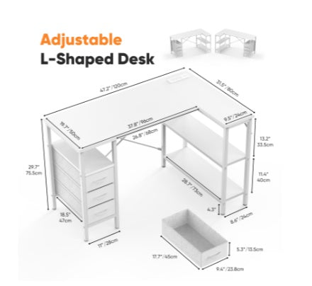 L-shaped Computer Gaming Table With Monitor Stand, 3 Drawers, USB Interface, Power Socket, Corner Workstation
