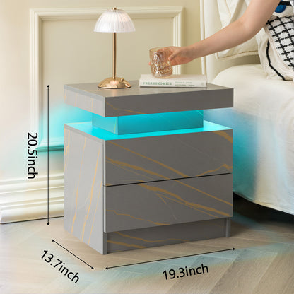 Nightstand LED Bedside Table Cabinet Lights Modern End Side With 2 Drawers For Bedroom Grey Gold
