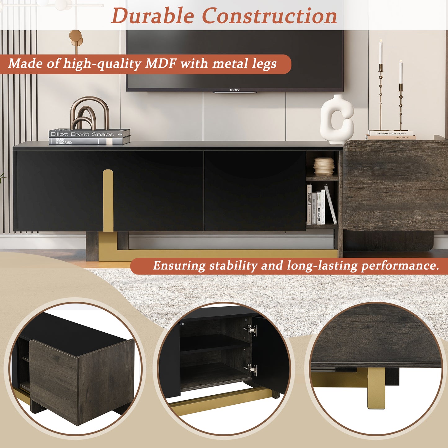 VIBE HAUS  66.7 Light Luxury TV Stand For TVs Up To 70 Inches, Modern TV Cabinet With Metal Legs, 1 Drawer, 2 Cabinets And Adjustable Shelves For Living Room