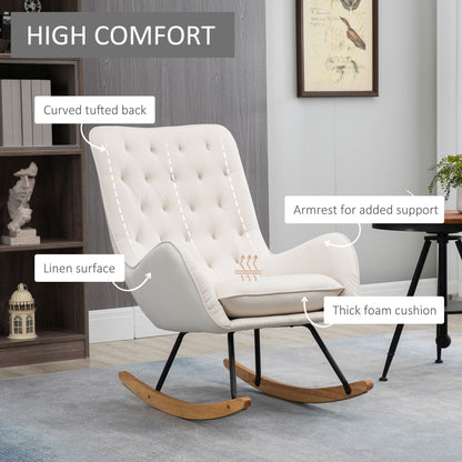 Mid-Century Fabric Rocking Chair Sofa Armchair Tufted Rocker Wingback Accent Chair with Padded Seat, Rubber Wood Base for Home Studio, Bedroom, Living Room, Cream White
