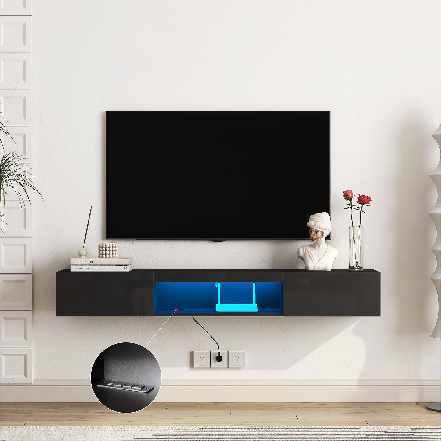 Floating TV Stand Wall Mounted With 16 Color LEDs Modern TV Stand, Floating TV Cabinet Entertainment Center For 55 60 65 Inch TV,Black