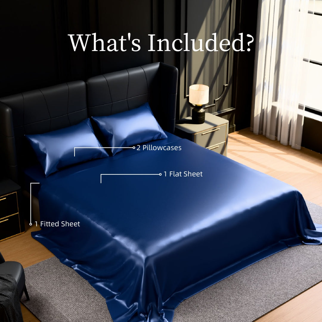 Satin Bed Sheets, Queen Size Sheets Set, 4 Pcs Silky Bedding Set With 15 Inches Deep Pocket For Mattress Queen, Navy Blue