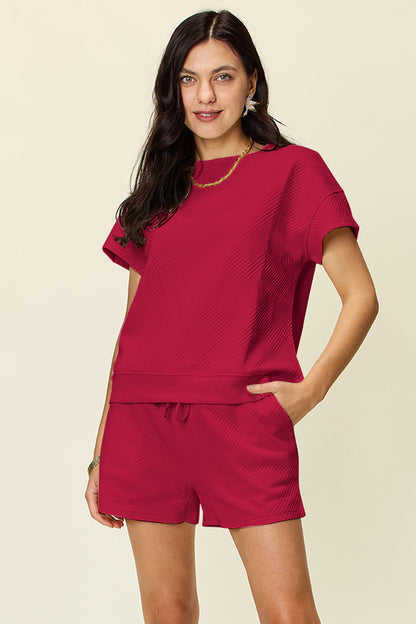 Textured Drawstring Shorts and Tee Set
