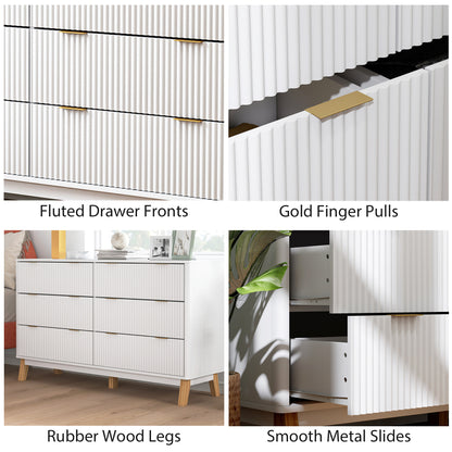 6 Drawer Double Dresser for Bedroom, Fluted Chest of Drawers with Gold Finger Pulls and 5 Wood Legs, White