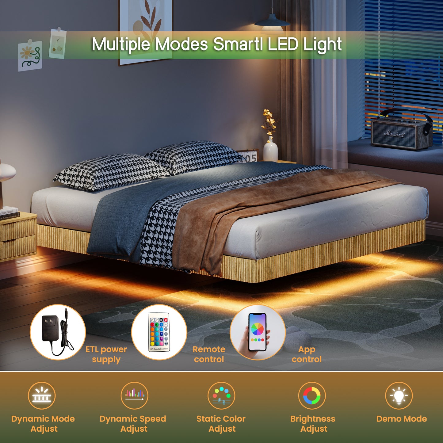 Oak King Floating Bed Frame With LED Lights, Wave Curve Wood Texture Bed With Heavy Duty Metal Slats - No Box Spring Needed.