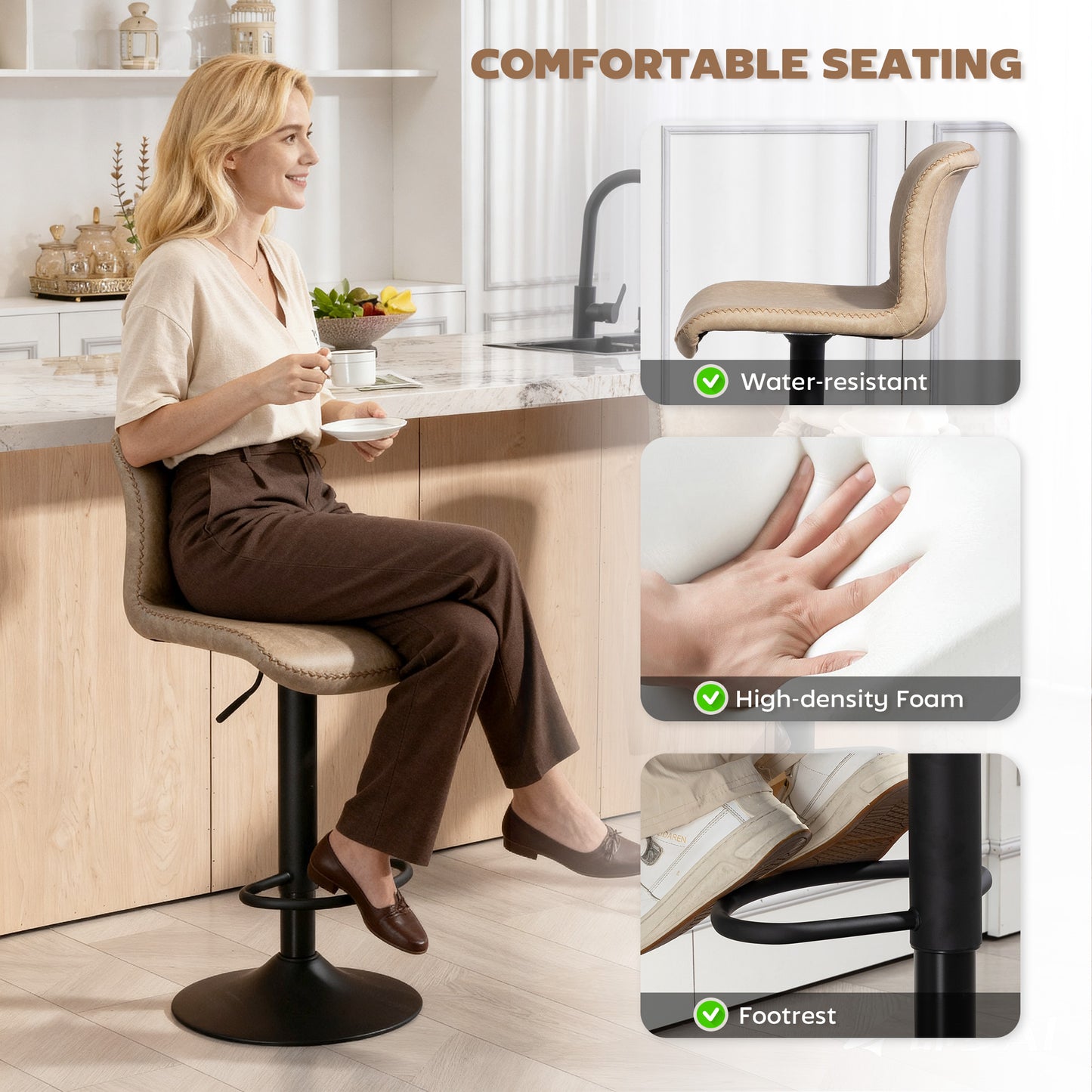 Bar Stools Set Of 2, PU Leather Barstools With Backrest And Footrest For Kitchen, Counter, Breakfast Bar, Light Brown
