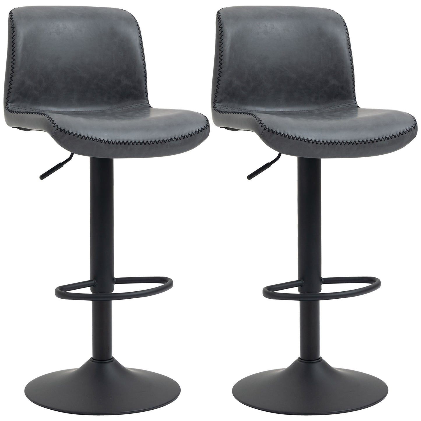 Bar Stools Set Of 2, PU Leather Barstools With Backrest And Footrest For Kitchen, Counter, Breakfast Bar, Dark Grey