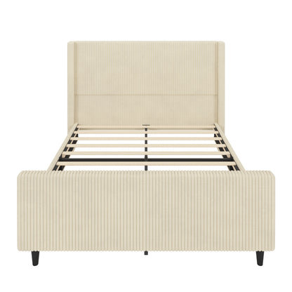 50.7'' High Headboard Corduroy Upholstered Bed Frame With Vertical Stripe Wingback And High Footboard No Box Spring Needed, Queen Size, Cream