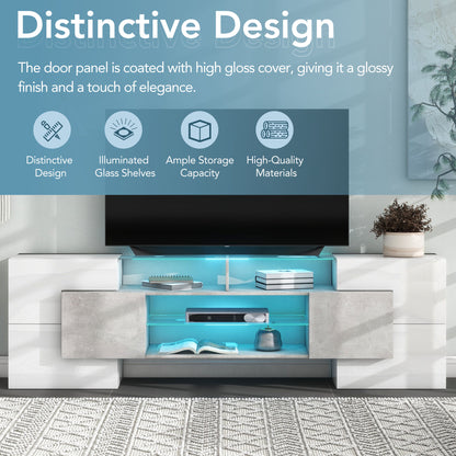 ON-TREND Unique Shape TV Stand With 2 Illuminated Glass Shelves, High Gloss Entertainment Center For TVs Up To 88, Versatile TV Cabinet With LED Color Changing Lights For Living Room, Grey