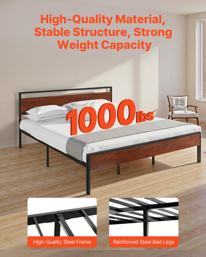 King Size Bed Frame, 14 Inch Black Metal Platform Bed Frame With Retro Brown Wooden Headboard And Footboard, Large Under-Bed Storage, Non-Slip Without Noise, No Box Spring Needed, Easy Assembly