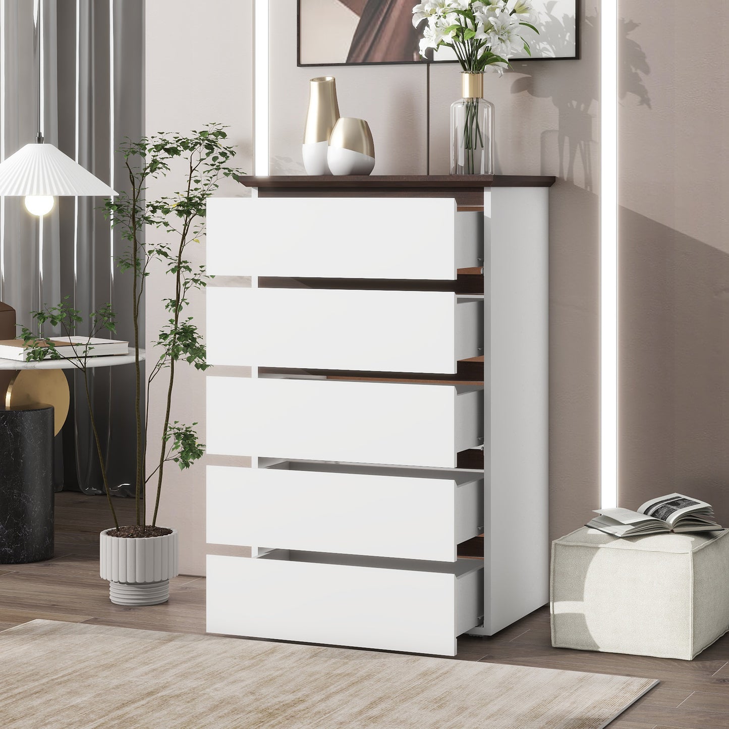 5 Drawer Dresser For Bedroom,  Modern Closet Dressers Chest Of Drawers, White & Walnut Color Storage Dresser Chest Cabinet Organizer Unit