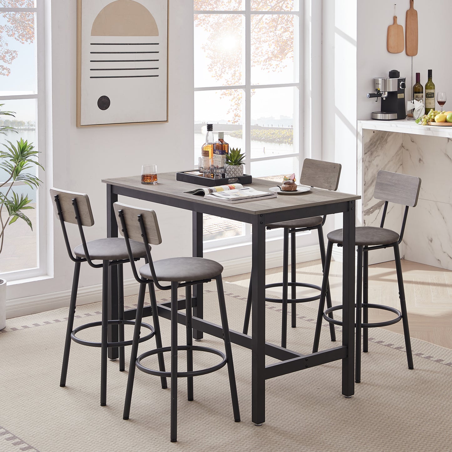 Bar Table Set With 4 Bar Stools PU Soft Seat With Backrest, Grey, 47.24  L X 23.62  W X 35.43  H
