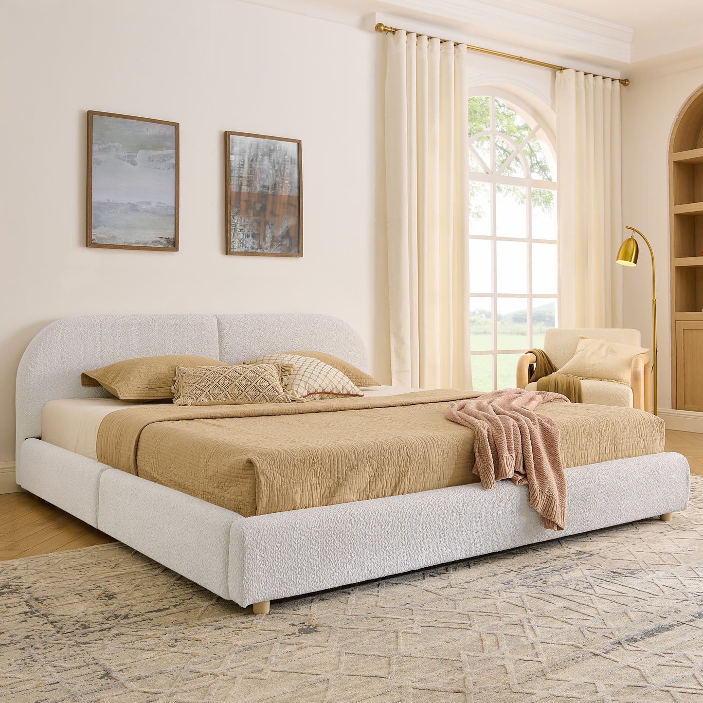 King Size Upholstered Bed Frame Modern Minimalist Style - Circle Yarn Fabric, Tall Curved Headboard, Sturdy Leg Support & Wheeled Drawer Storage, Mattress Not Included -Beige